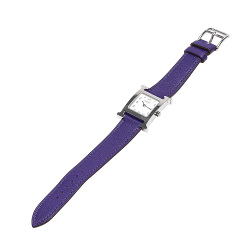 HERMES H PM系列小牛皮銀框石英女仕腕錶(紫/21mm)