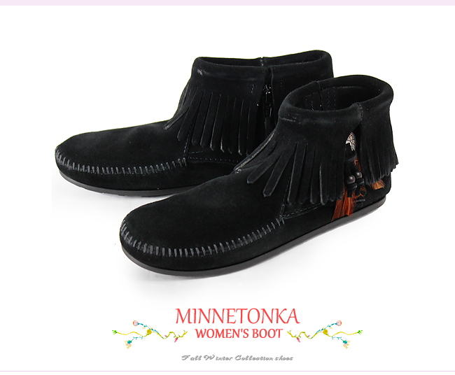 MINNETONKA 黑色麂皮羽毛流蘇莫卡辛 女短靴 (展示品)