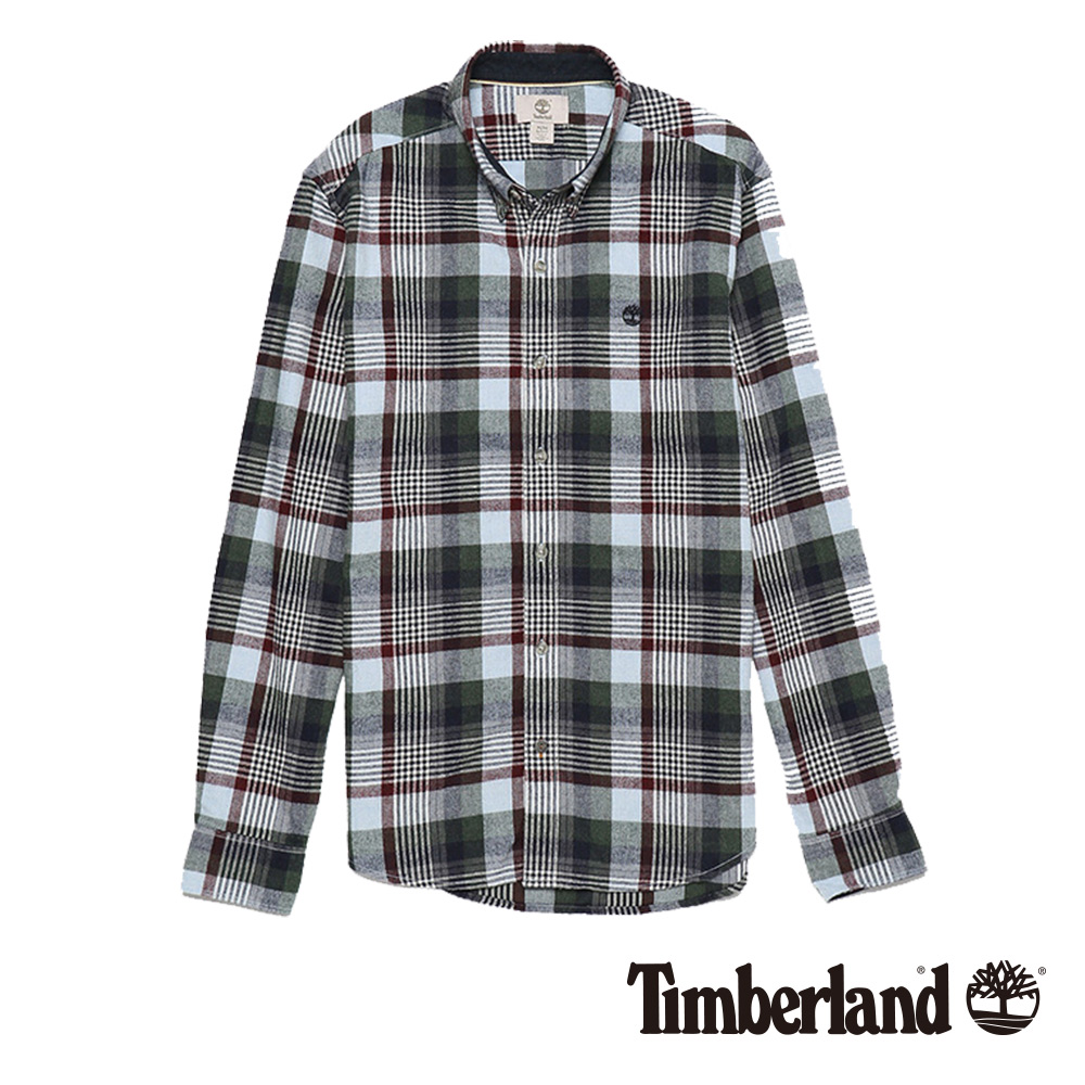 Timberland 男款淡藍綠色格紋混羊毛長袖襯衫