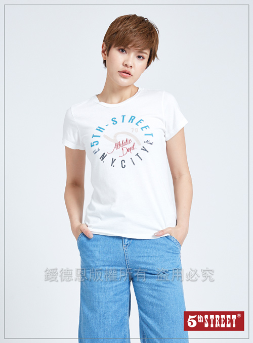 5th STREET 美式印字短袖T恤-女-米白色