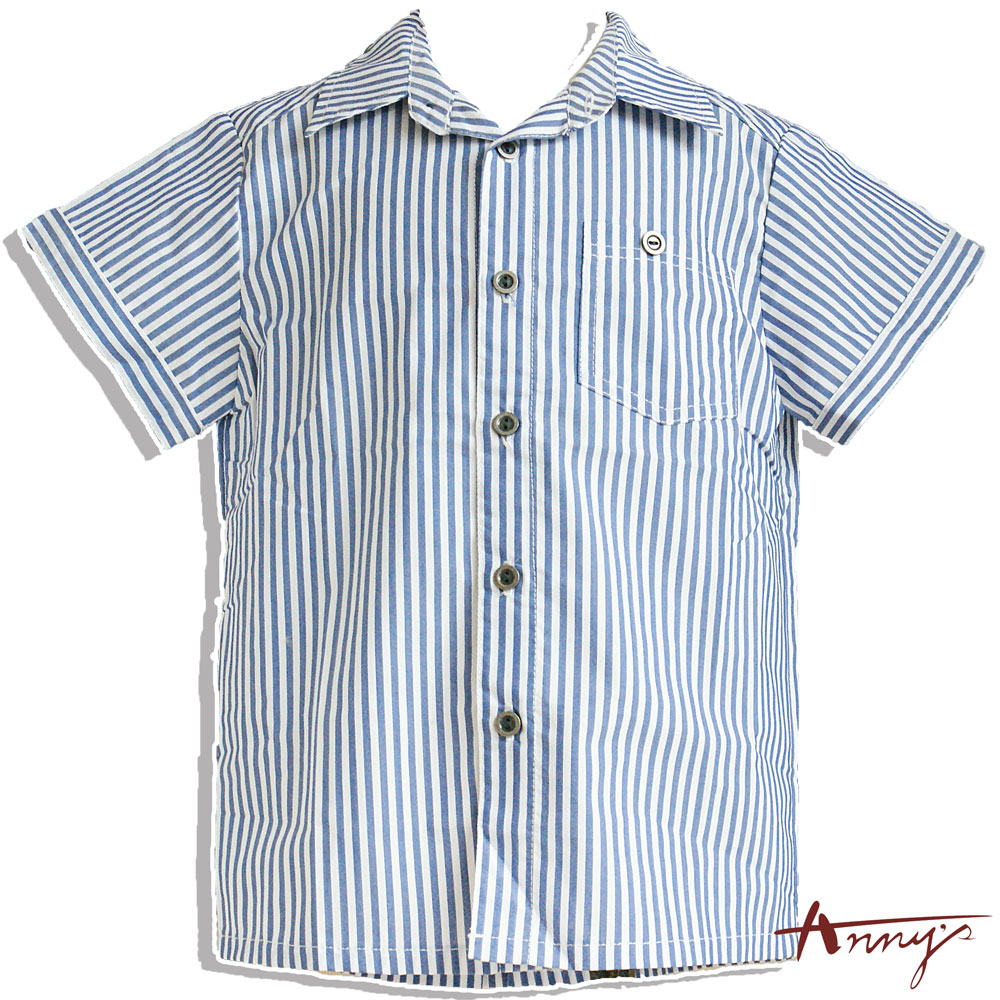 復古條紋造型鈕扣短袖襯衫*2386藍