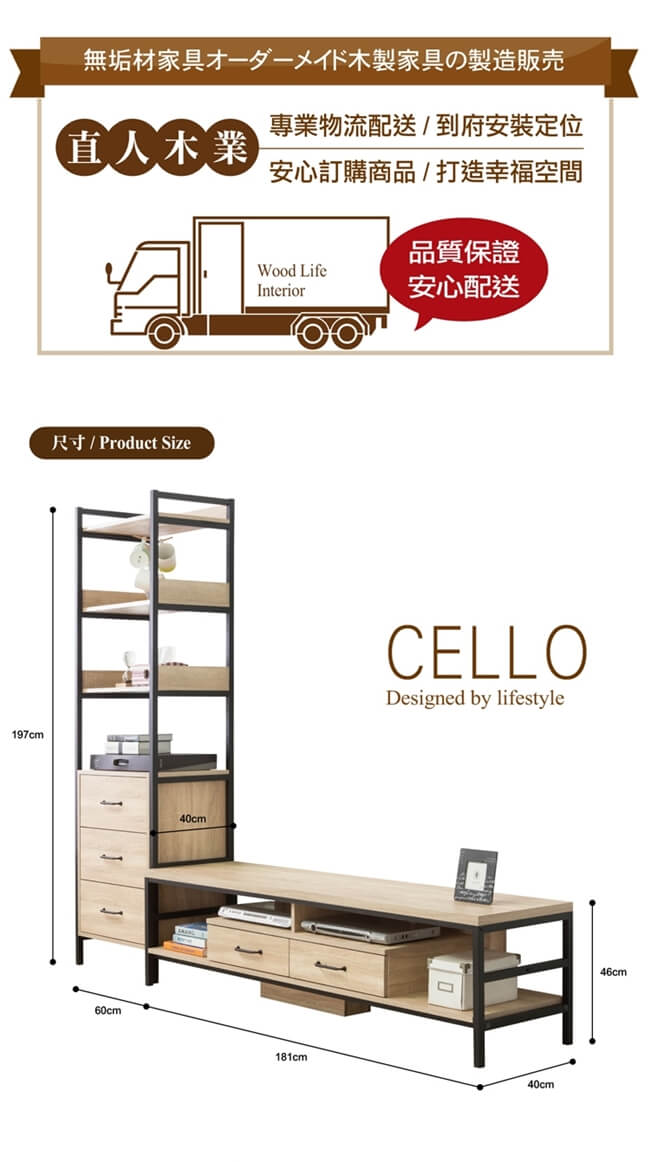 日本直人木業-CELLO明亮簡約輕工業風181CM電視櫃加3抽60CM置物櫃