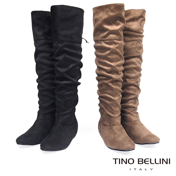 Tino Bellini 自然抓皺後綁帶2穿內增高過膝長靴_駝