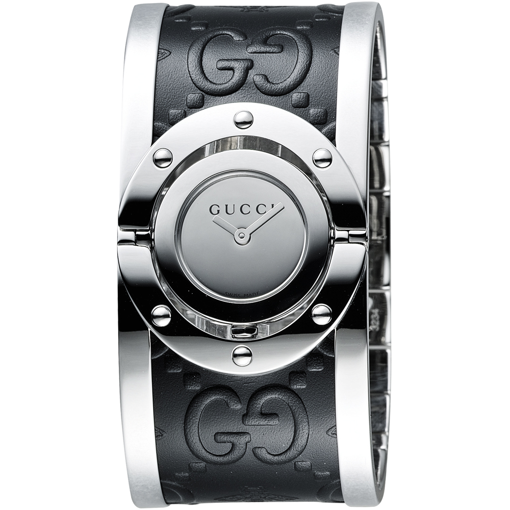 GUCCI Twirl系列 G-Logo 翻轉手鐲錶-銀x黑/33mm