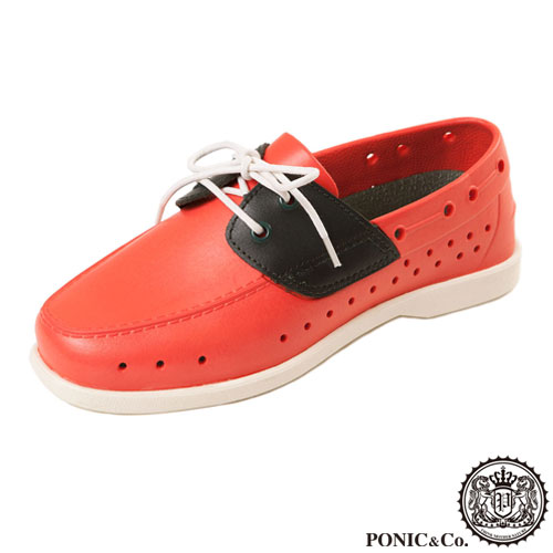 (男/女)Ponic&Co美國加州環保防水洞洞綁帶帆船鞋-番茄紅
