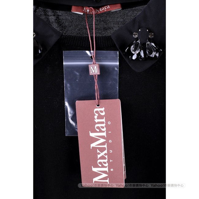 MAX MARA 黑色翻領花飾短袖純羊毛針織上衣