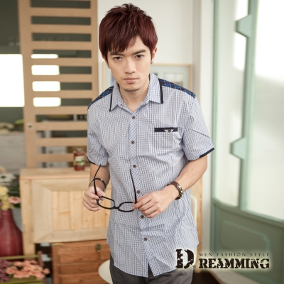 Dreamming 韓風拼接細格紋短袖襯衫-共二色