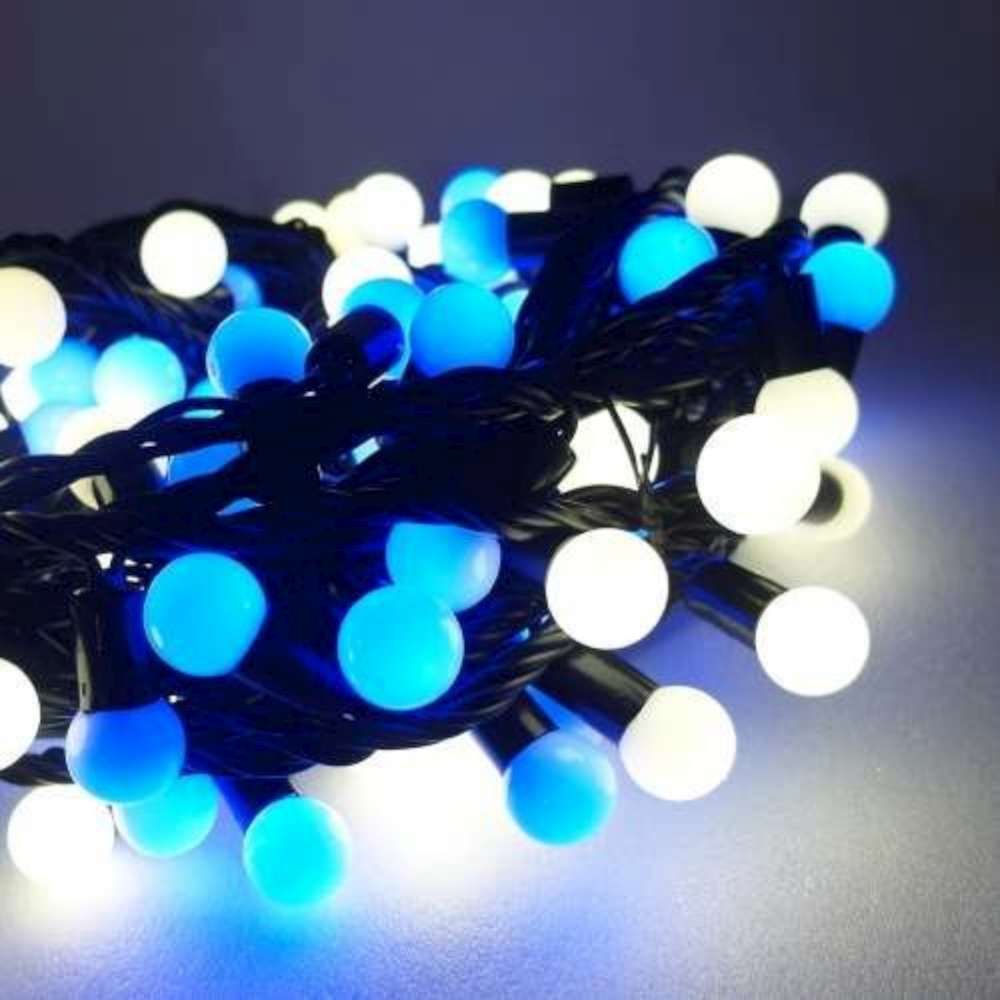 聖誕燈100燈LED圓球珍珠燈串(插電式/藍白光黑線/附控制器跳機)(高亮度又省電)