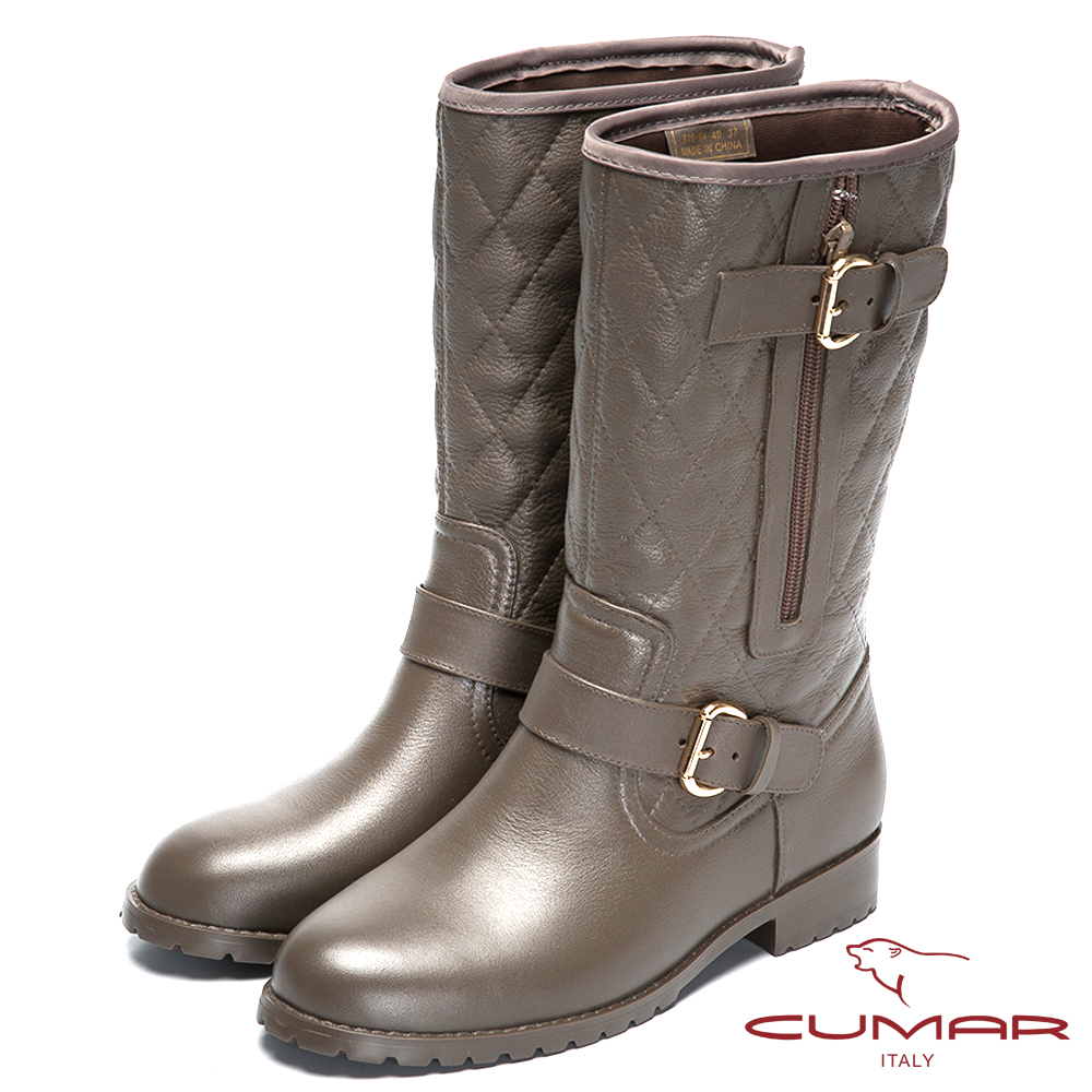 CUMAR雨天時尚 經典菱格紋造型短雨靴-可可色