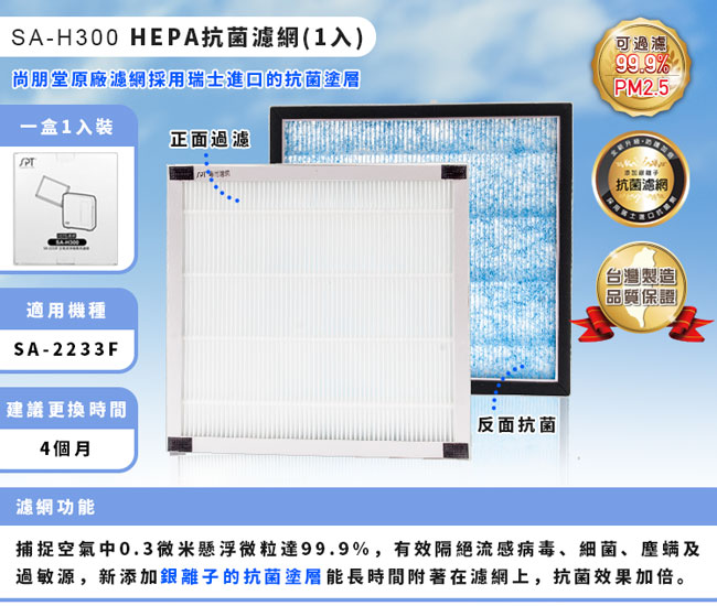 尚朋堂空氣清淨機SA-2233F專用強效HEPA濾網 SA-H300(一盒一片)