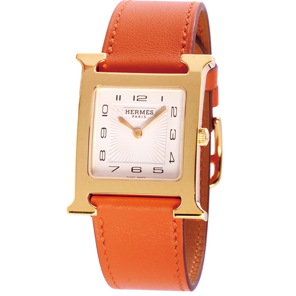 HERMES H-OUR 系列經典金框石英時尚腕錶-白x橘錶帶/25*35mm