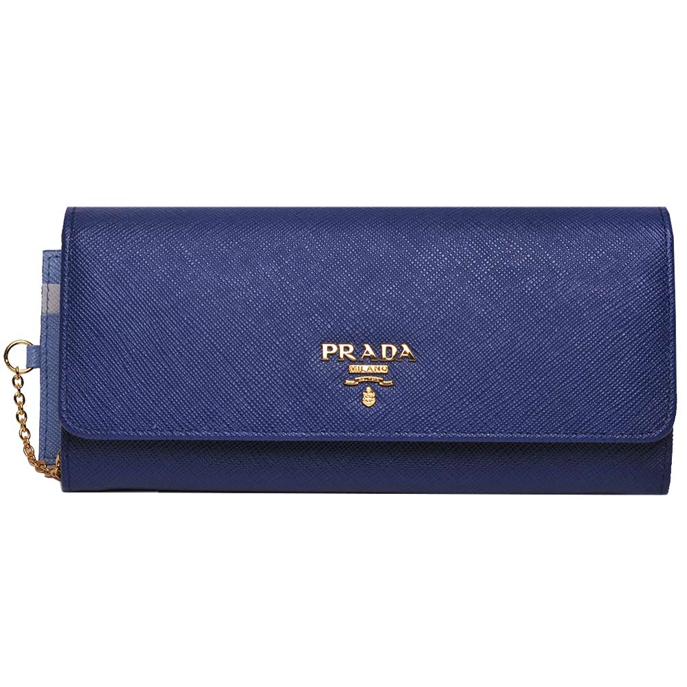 PRADA SAFFIANO  雙色拼接金字防刮牛皮釦式長夾(藍/水藍色)