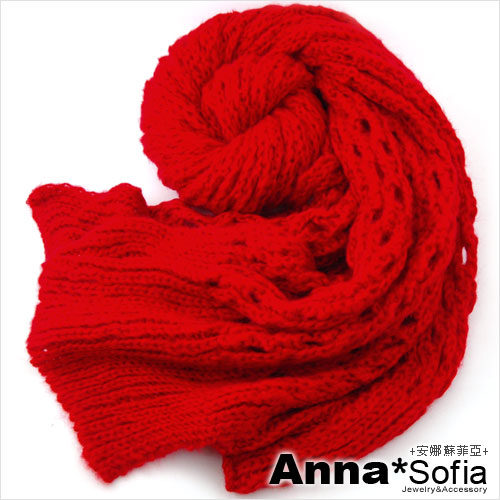 AnnaSofia 網格鏤空款 粗線馬海毛圍巾(櫻紅色)