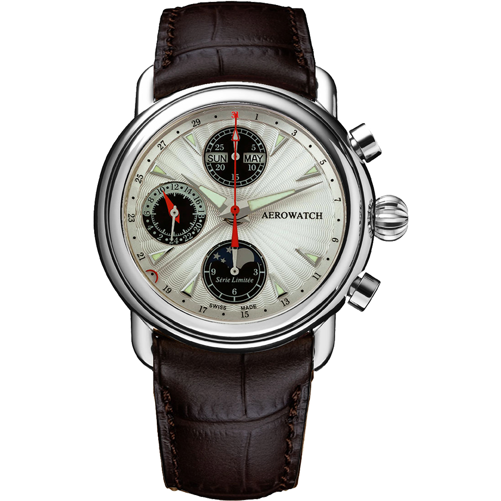 AEROWATCH 專業月相顯示機械計時腕錶-銀x咖啡/42mm