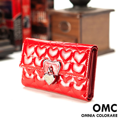 OMC - 奢華亮面真皮款心鑽三折式中夾-豔麗紅