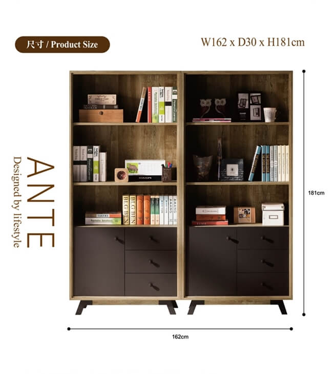 日本直人木業-ANTE原木風格2個三抽162CM書櫃(162x30x181cm)