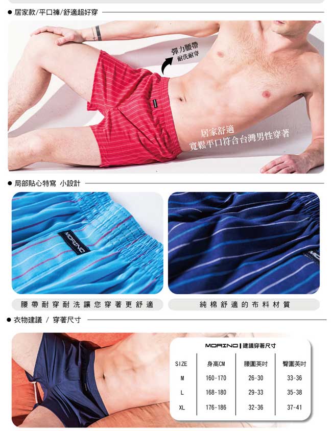 男內褲 純棉耐用織帶格紋平口褲/四角褲 水藍 (超值5件組) MORINO