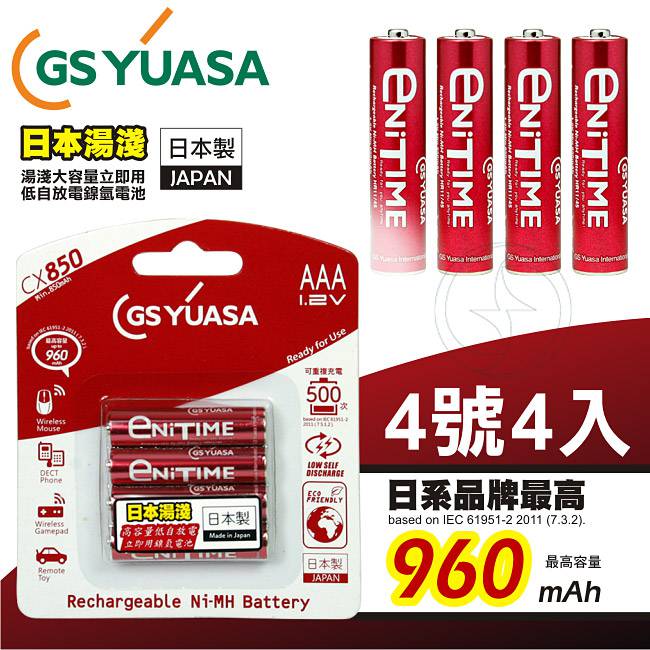 GS Yuasa低自放鎳氫充電電池960mAh 4號4入＋四插槽充電器