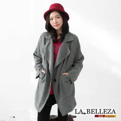 La Belleza韓版大翻領單釦細格雙口袋毛料外套