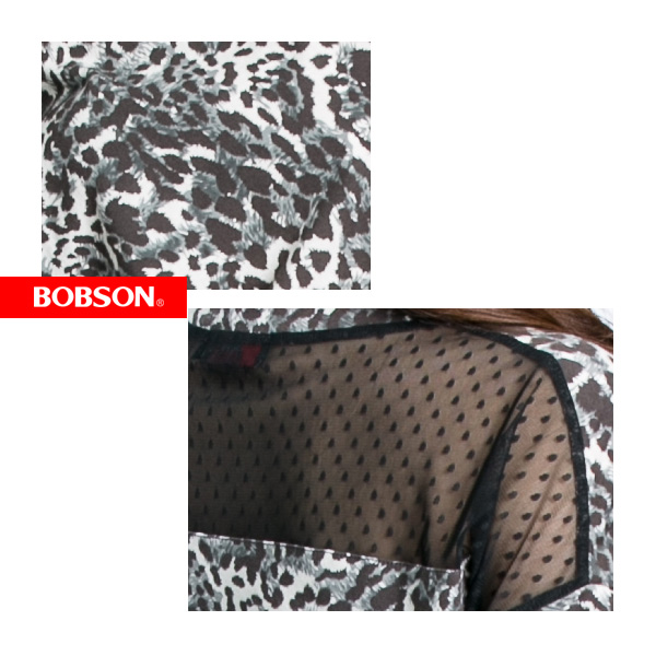 BOBSON 女款豹紋接雪紡短袖上衣(黑23112-01)