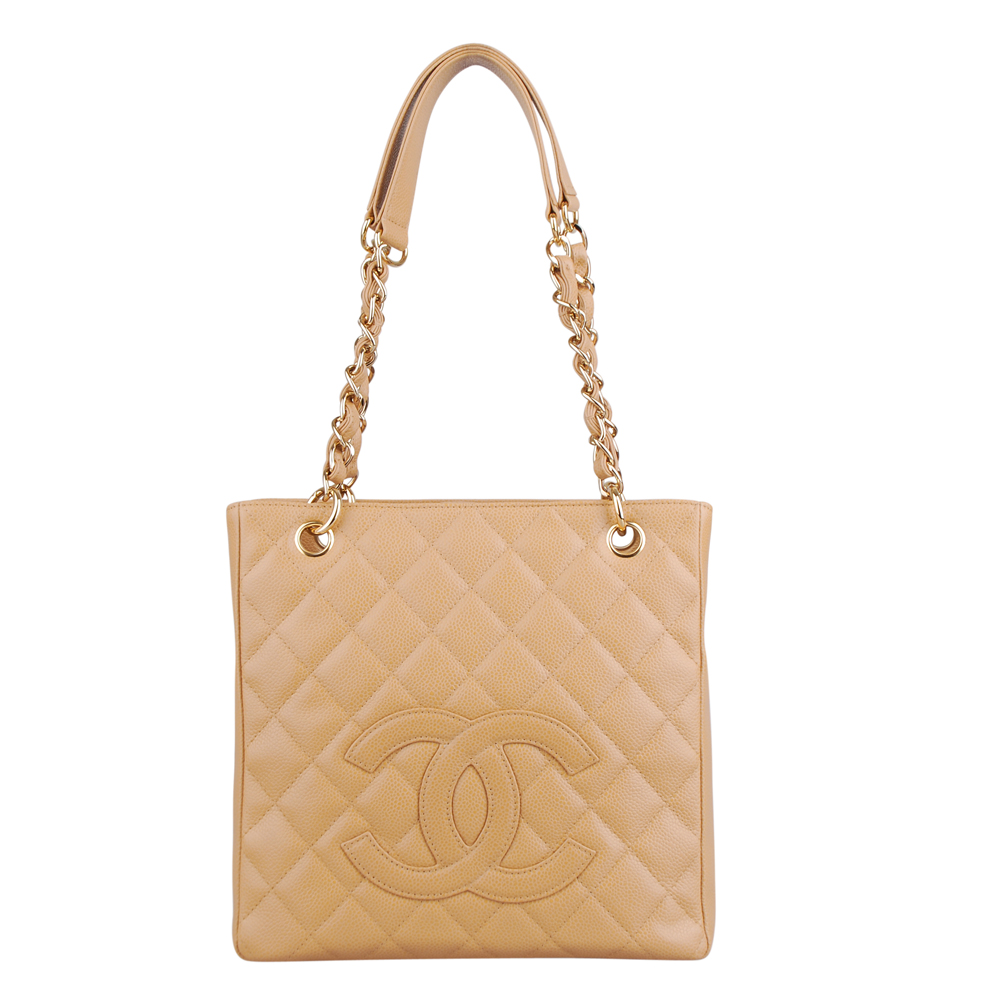 CHANEL 經典荔枝牛皮大LOGO金鍊帶肩背包(米)