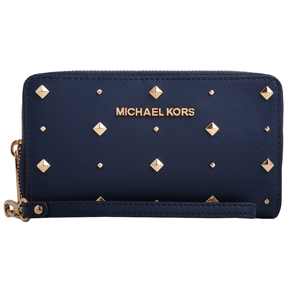 MICHAEL KORS JET SET TRAVEL金字LOGO防刮皮鉚釘手拿包-海軍藍