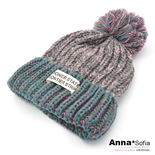 AnnaSofia 布標混色織款 大球球毛線帽(綠粉系)
