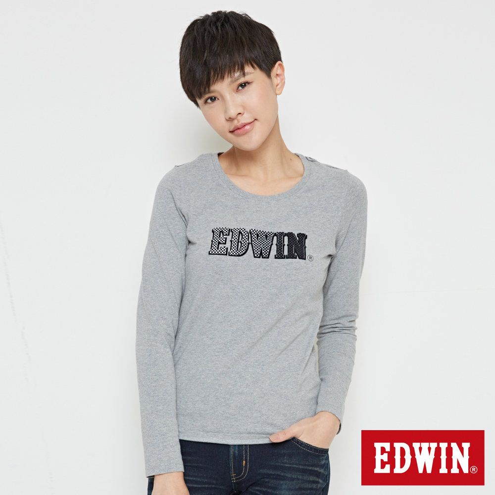 EDWIN 賽車旗格LOGO長袖T恤-女-灰色