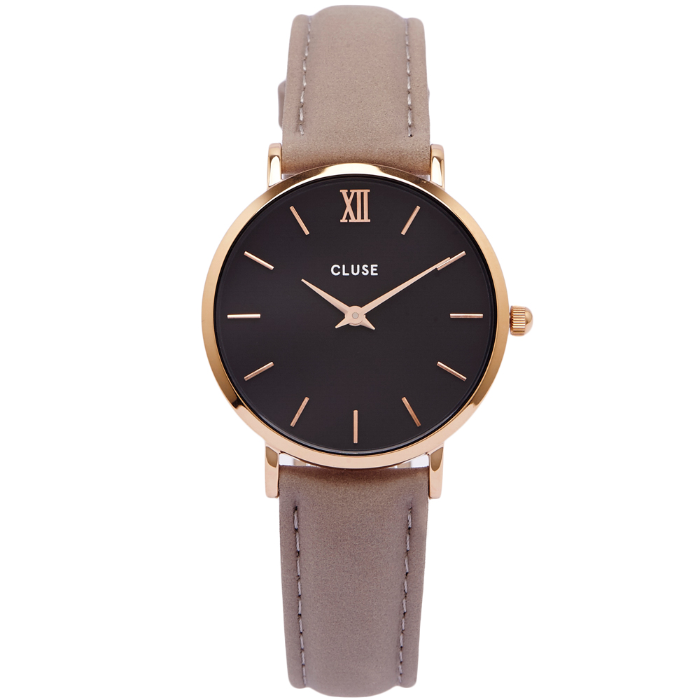 CLUSE 時尚潮流款皮革手錶(CL30018)-黑面X玫瑰金色框/33mm