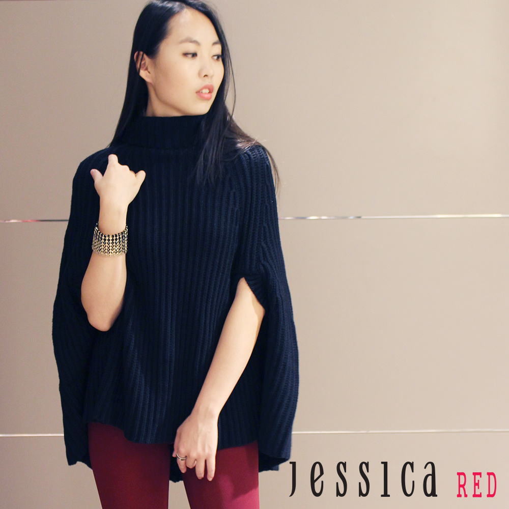 JESSICA RED-唯美高領造型針織斗篷(黑)