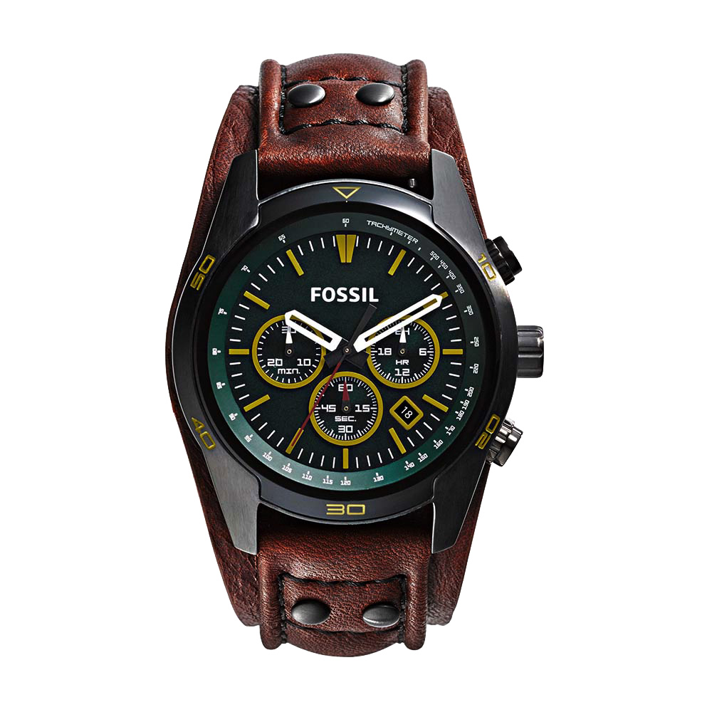 FOSSIL 牛仔時尚三眼計時腕錶-綠x深咖啡色錶帶/45mm