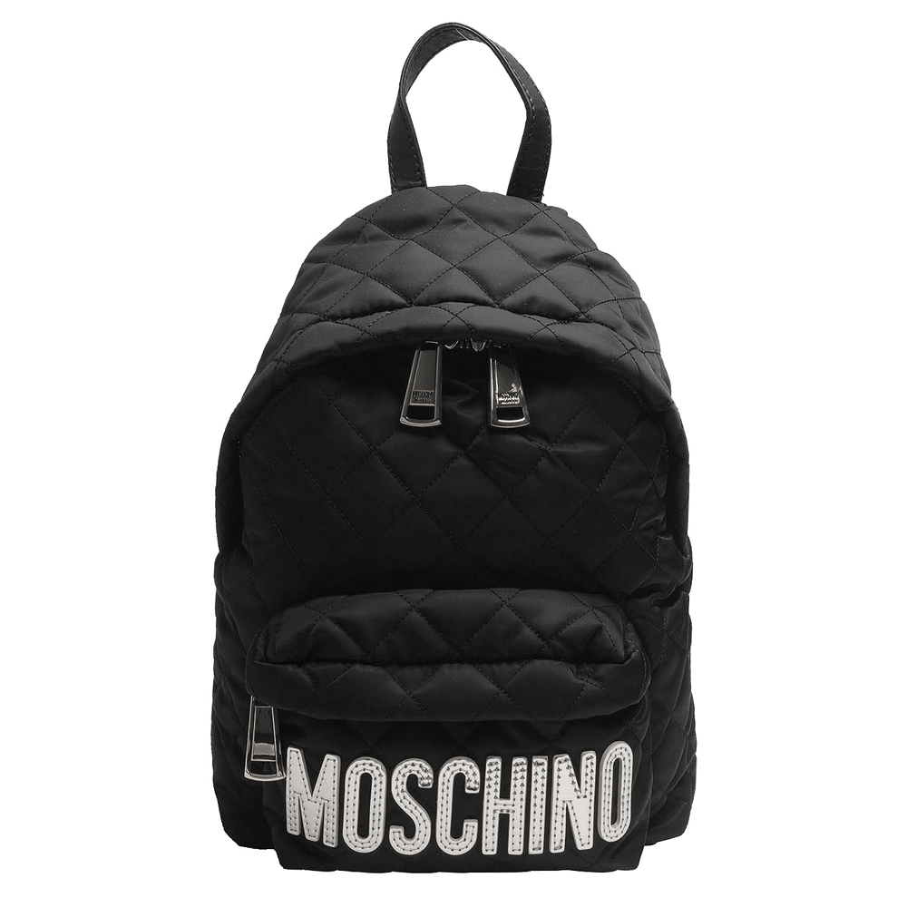 MOSCHINO 菱格紋縫線銀色LOGO尼龍後背包(小-黑)