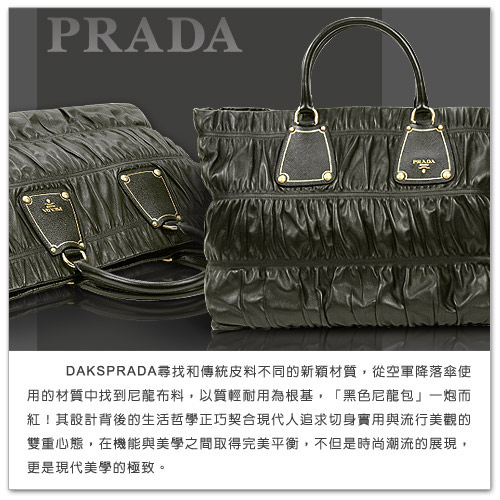 PRADA 經典文字浮雕LOGO牛皮雙色設計手提包/肩背包(軍綠/黑)