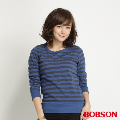 BOBSON-女款條紋線衫長袖寶藍上衣