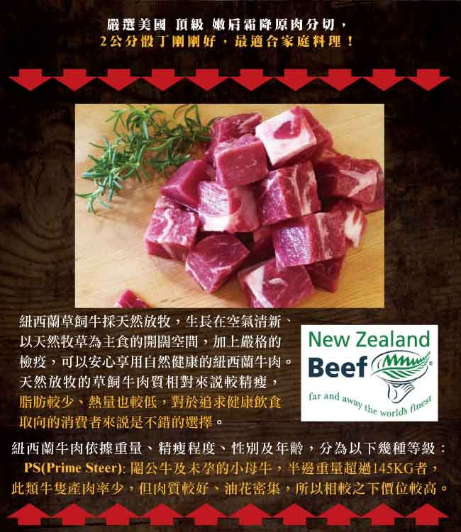 約克街肉鋪 紐西蘭ＰＳ霜降骰子牛肉3000公克(200g/包/15包)