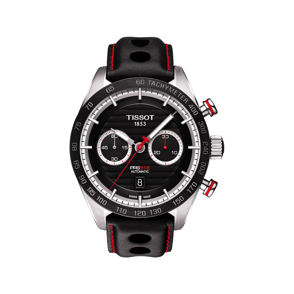 TISSOT 天梭 官方授權 PRS516 系列計時機械皮帶腕錶-黑x紅針/45mm T1004271605100