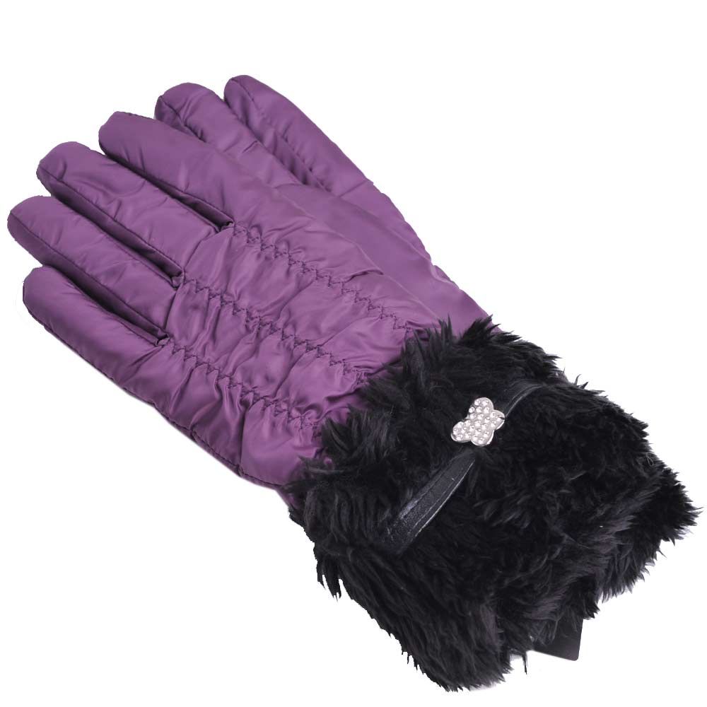 ANNA SUI  優雅皮圈水鑽蝴蝶造型毛毛滾邊潑水加工禦寒手套(紫)