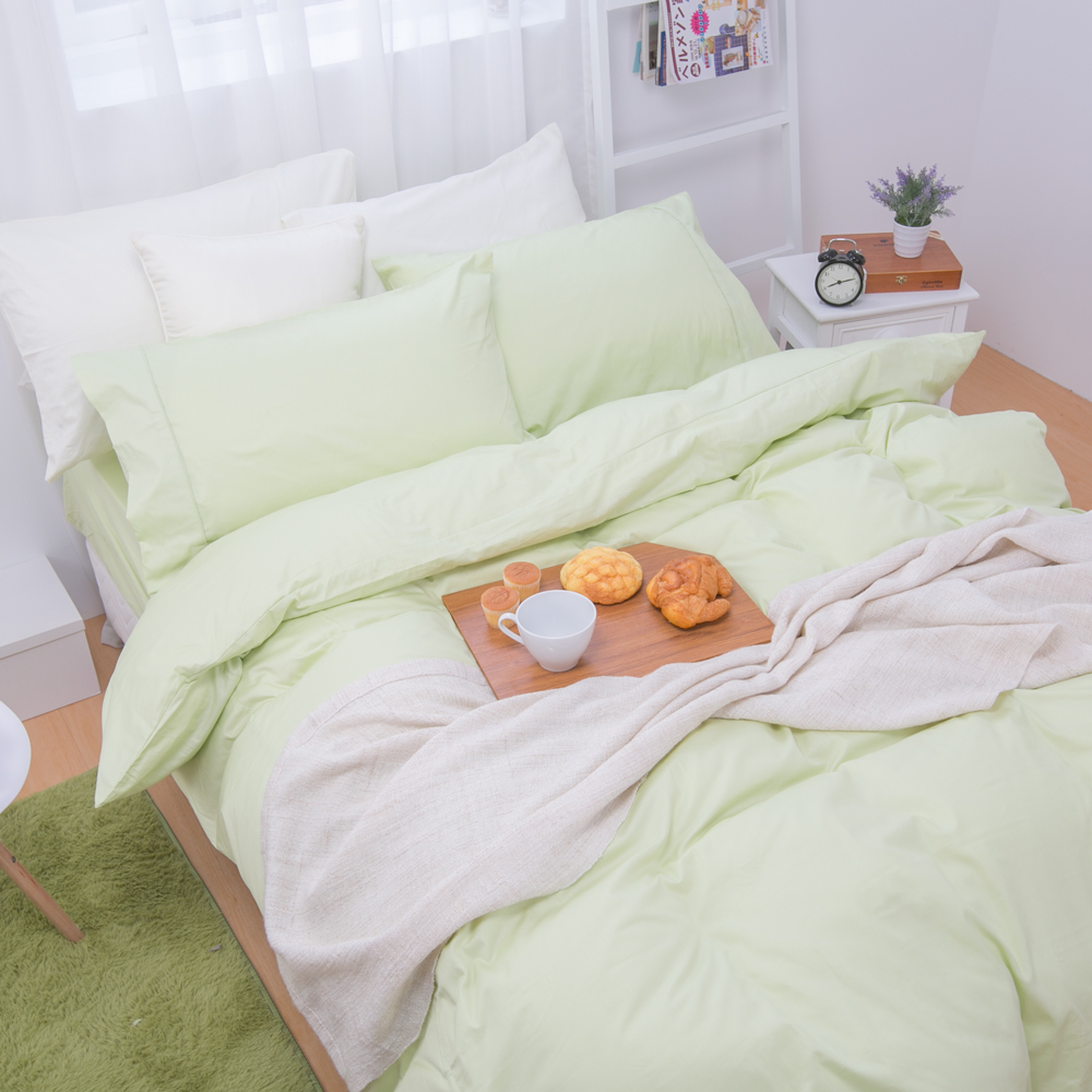 鴻宇HongYew 100%精梳棉 簡約純色-蘋果綠 雙人床包枕套三件組