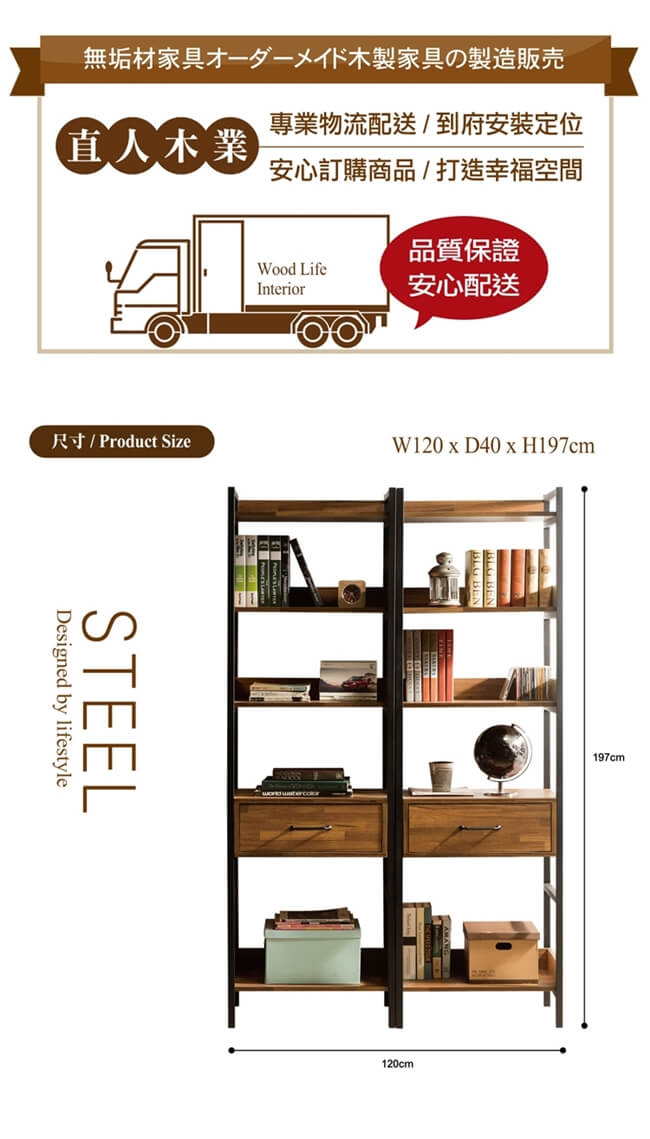 日本直人木業-STEEL積層木工業風2個1抽120CM多功能書櫃