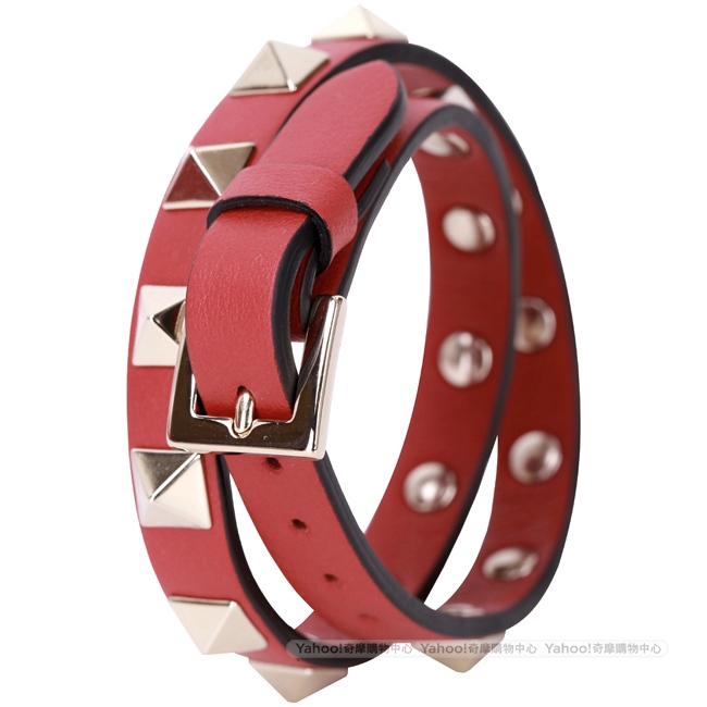 VALENTINO Rockstud 金色鉚釘雙繞小牛皮手環(紅色)