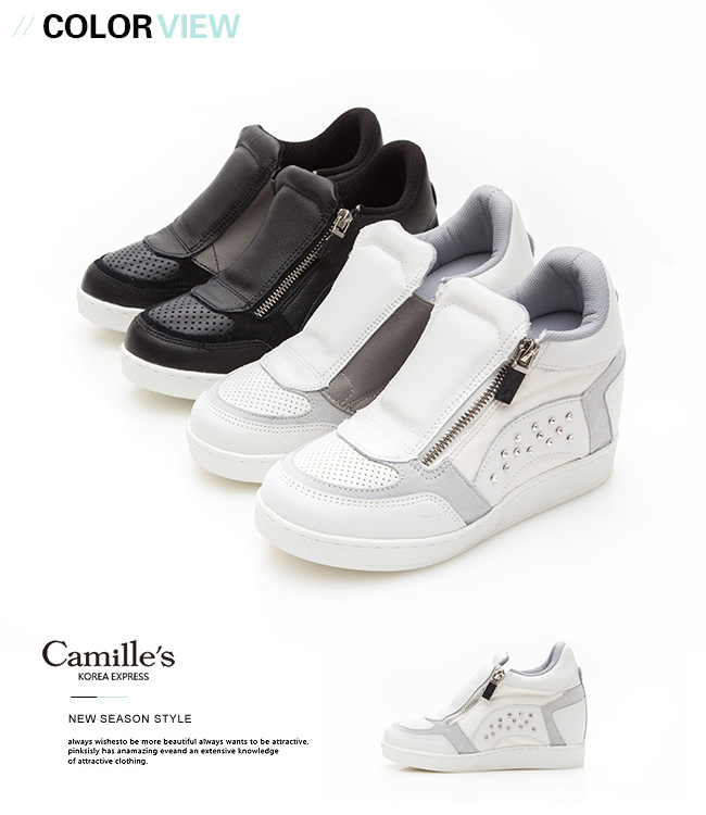 Camille’s 韓國空運-正韓製-撞色繃帶牛皮水鑽內增高休閒鞋-白色