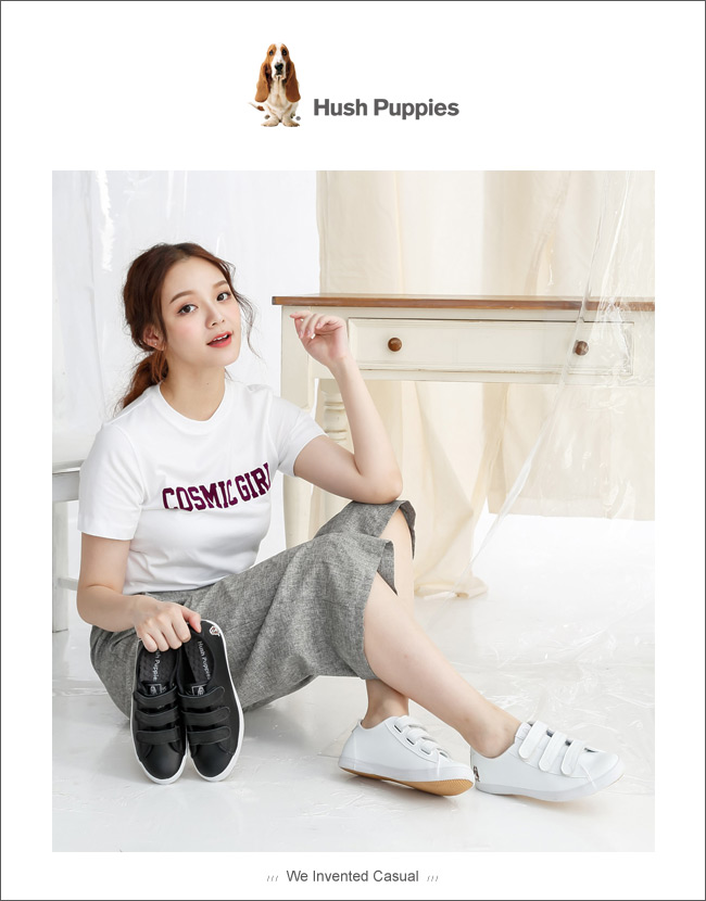 Hush Puppies 質感真皮咖啡紗魔鬼氈休閒鞋-黑色