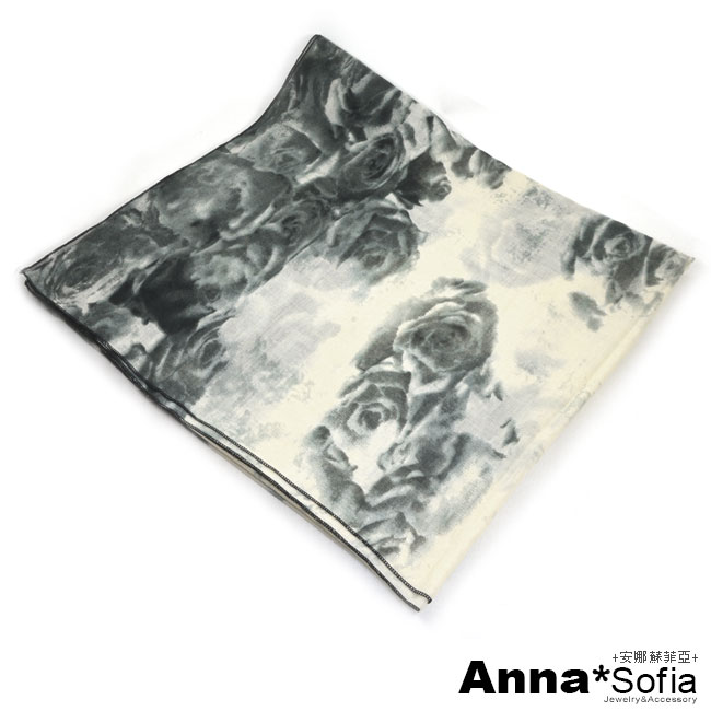 AnnaSofia 墨染玫瑰款 拷克邊韓國棉圍巾披肩(米灰系)