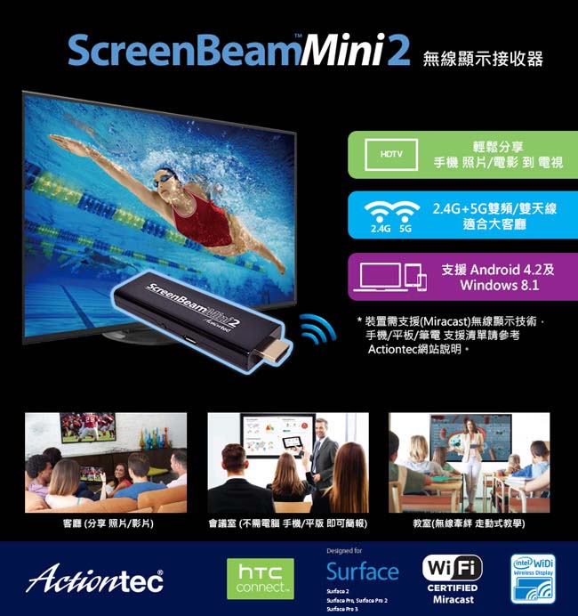 Actiontec ScreenBeam Mini 2 Miracast無線顯示接收器