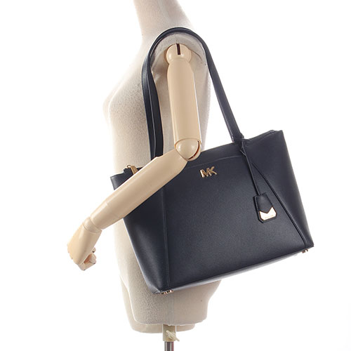 MICHAEL KORS Maddie 金LOGO素面防刮皮革前口袋肩背托特包-中/海軍藍