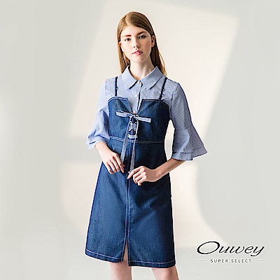 OUWEY歐薇 吊帶格紋牛仔兩件式洋裝(藍)-動態show