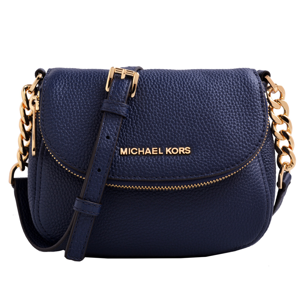 MICHAEL KORS BEDFORD金字LOGO荔枝軟皮革翻蓋鍊帶斜背包-深藍/迷你