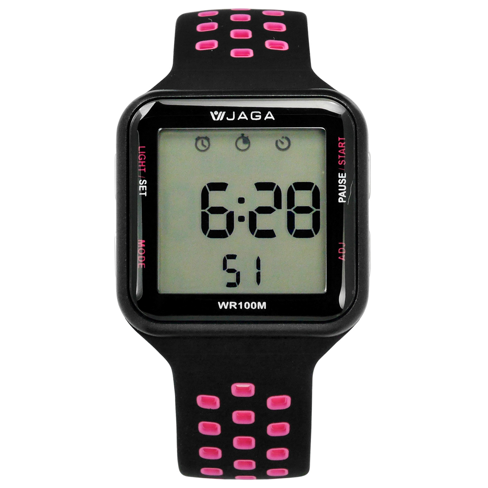 JAGA 捷卡 方型電子計時碼錶鬧鈴透氣矽膠手錶-黑粉色/38mm