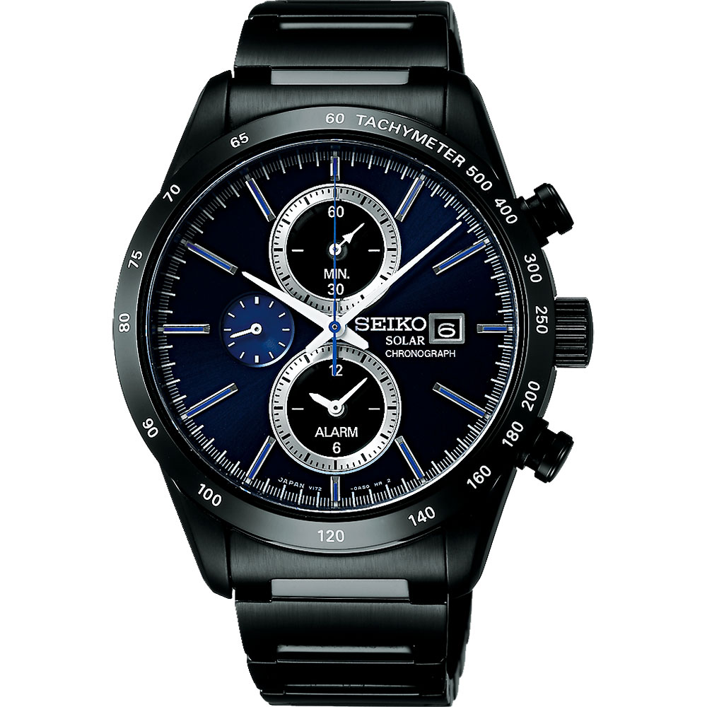 SEIKO SPIRIT 太陽能鬧鈴兩地時間計時腕錶-藍xIP黑/41mm