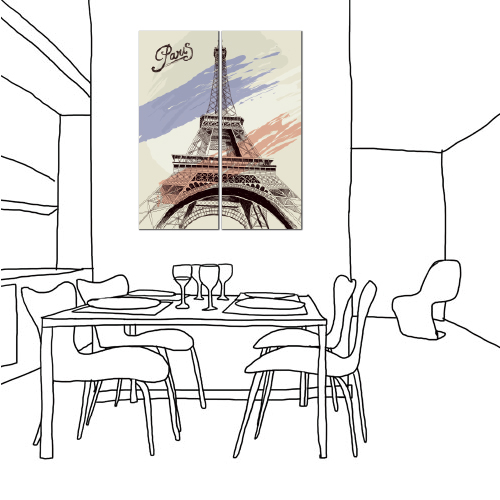 美學365-兩聯客製化掛飾壁鐘時鐘畫框無框畫藝術掛畫-巴黎鐵塔-20x50cm